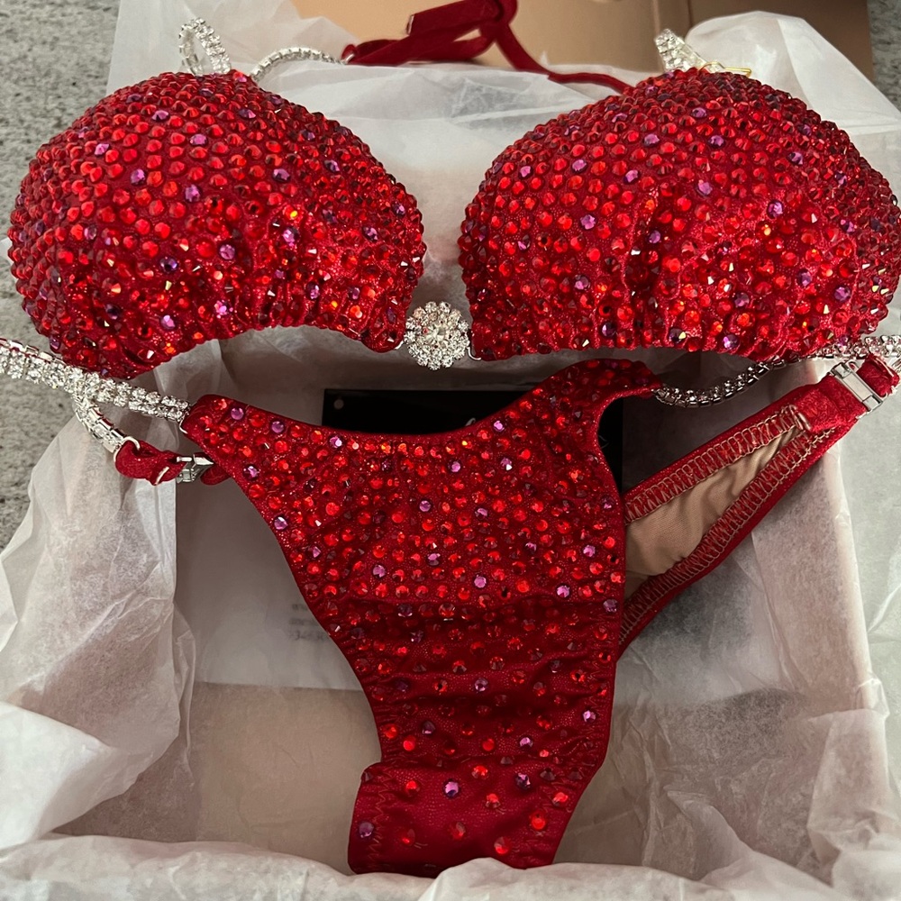 Red NPC/OCB fully stoned contest Bikini, pro cut bottom